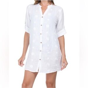 Rosemarine Made In Italy Womens Linen Button Up Embroidered Tunic / Cover Up